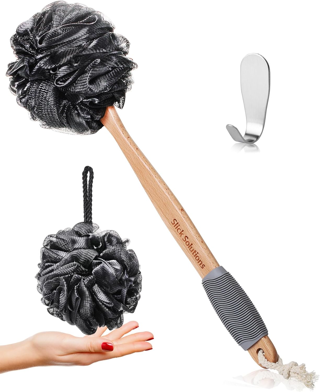 Slick- Loofah with Handle, Loofah Back Scrubber, Back Loofah, Loofah Brush with Long Handle, Loofah on A Stick, Shower Loofah with Handle, Shower Supplies, Loofah Scrubber, Loofah Back Scrubber