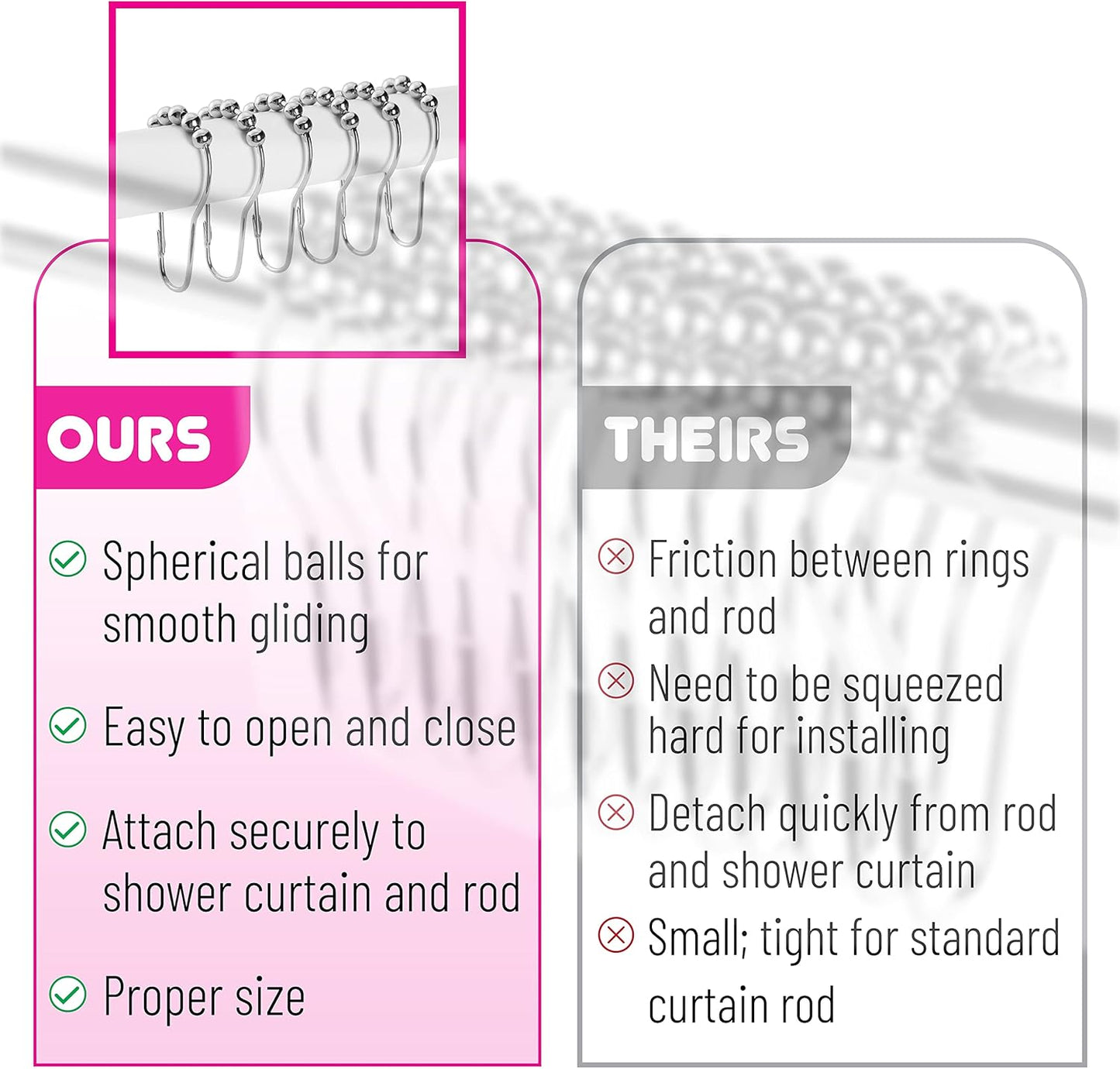Slick- Shower Curtain Rings, 12 Pack, Shower Curtain Hooks, Shower Rings, Shower Curtain Hooks Rust Proof, Shower Rings for Curtain, Silver Shower Curtain Hooks, Shower Curtain Hangers