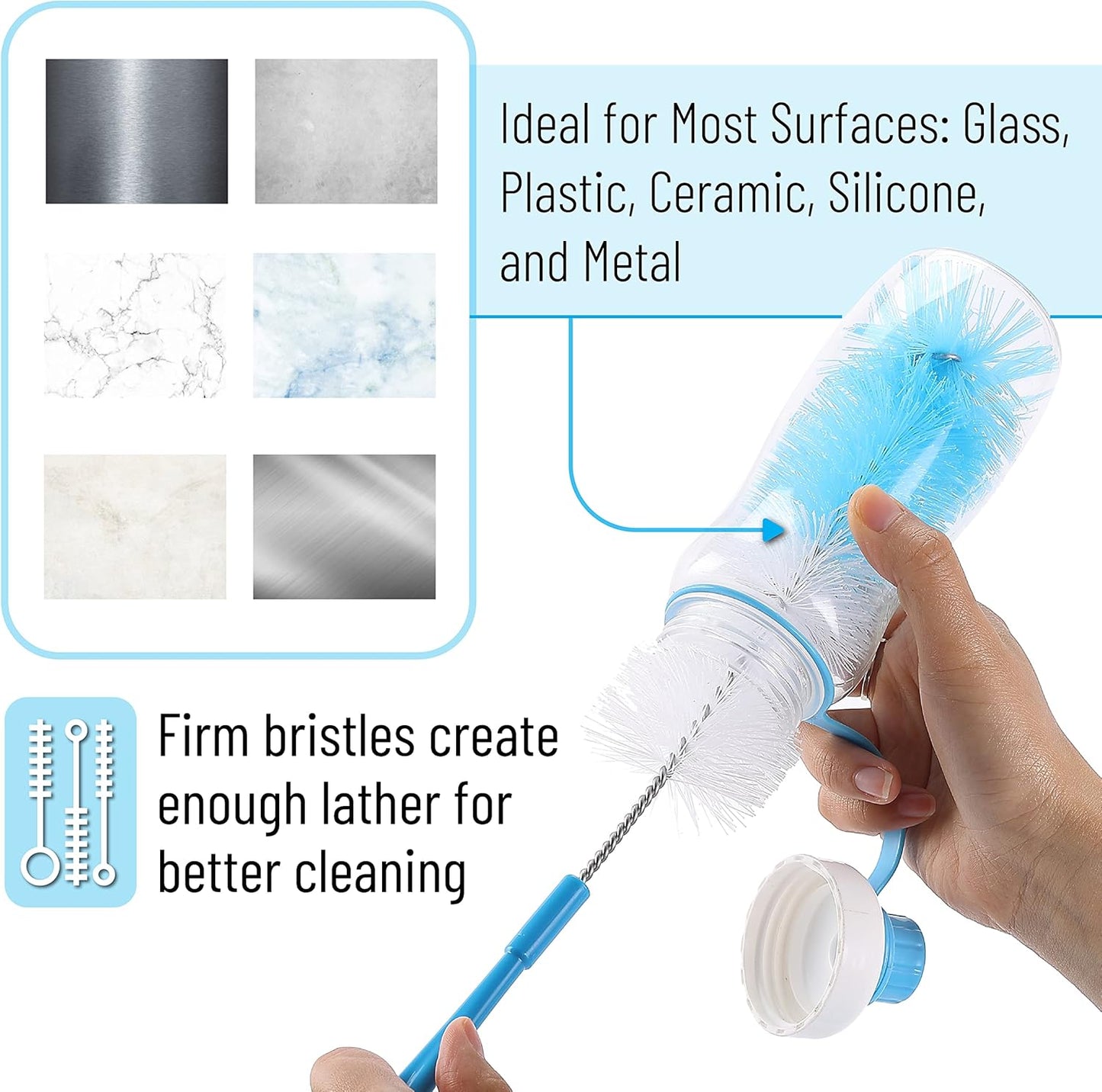Slick- Bottle Brush Cleaner Set, 5 Pack, Water Bottle Brush, Bottle Brushes for Cleaning, Water Bottle Cleaner Brush, Bottle Brush Set, Bottle Cleaning Brushes, Bottle Washer Brush