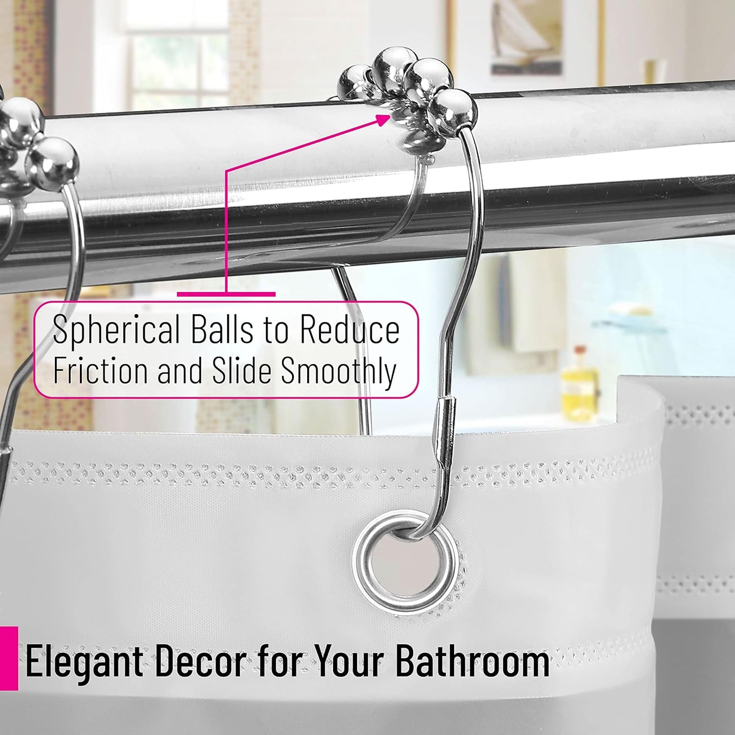 Slick- Shower Curtain Rings, 12 Pack, Shower Curtain Hooks, Shower Rings, Shower Curtain Hooks Rust Proof, Shower Rings for Curtain, Silver Shower Curtain Hooks, Shower Curtain Hangers